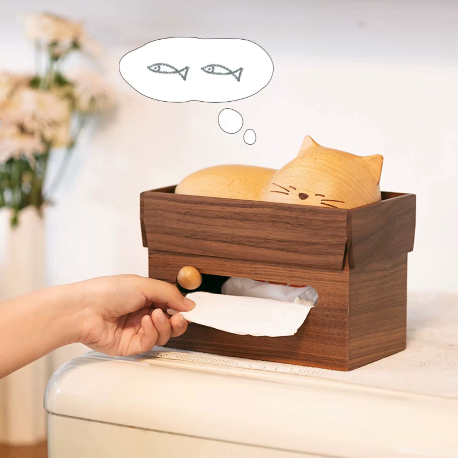 Sleepy Kitty Walnut Tissue Box
