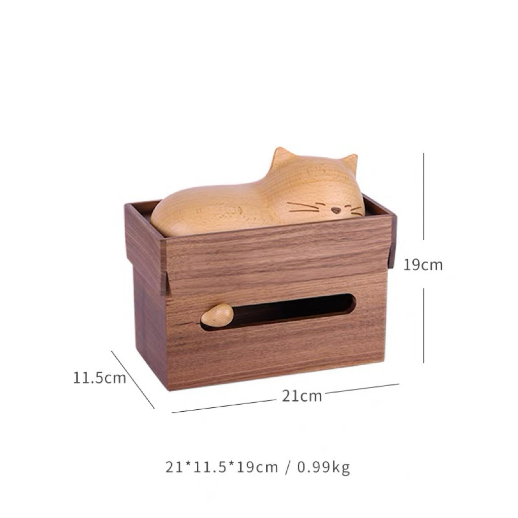 Sleepy Kitty Walnut Tissue Box