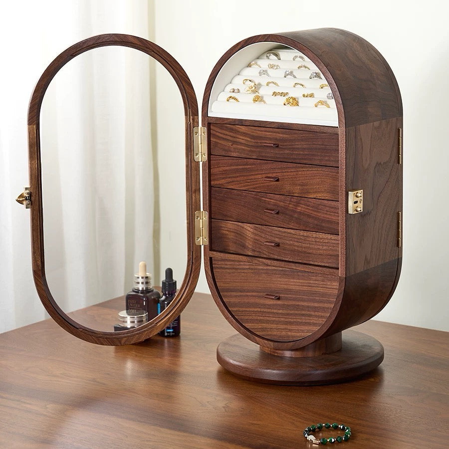Solenne 360° Rotating Walnut Jewelry Cabinet with Vanity Mirror