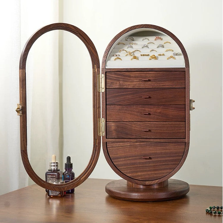 Solenne 360° Rotating Walnut Jewelry Cabinet with Vanity Mirror