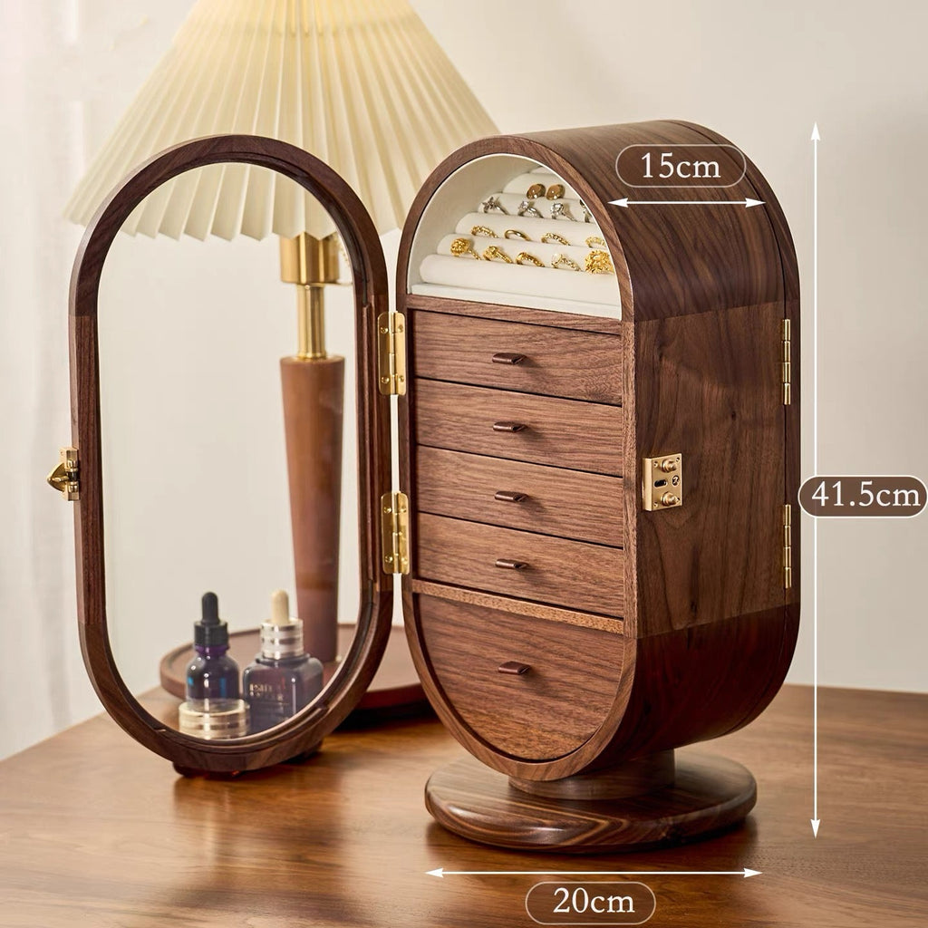Solenne 360° Rotating Walnut Jewelry Cabinet with Vanity Mirror
