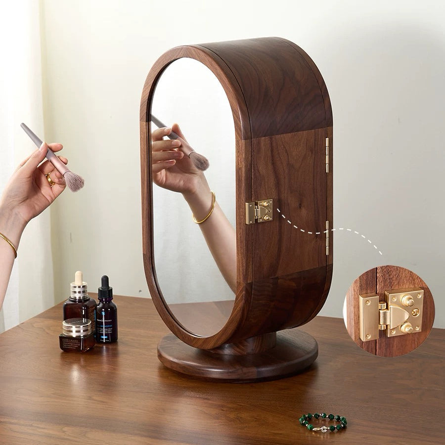 Solenne 360° Rotating Walnut Jewelry Cabinet with Vanity Mirror