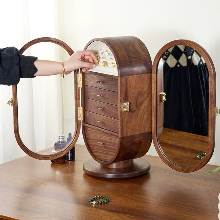 Solenne 360° Rotating Walnut Jewelry Cabinet with Vanity Mirror