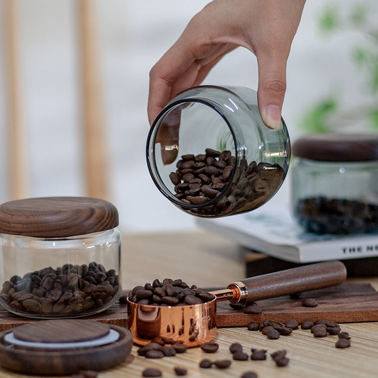 Beanery Coffee Bean Glass Canister with Black Walnut Lid