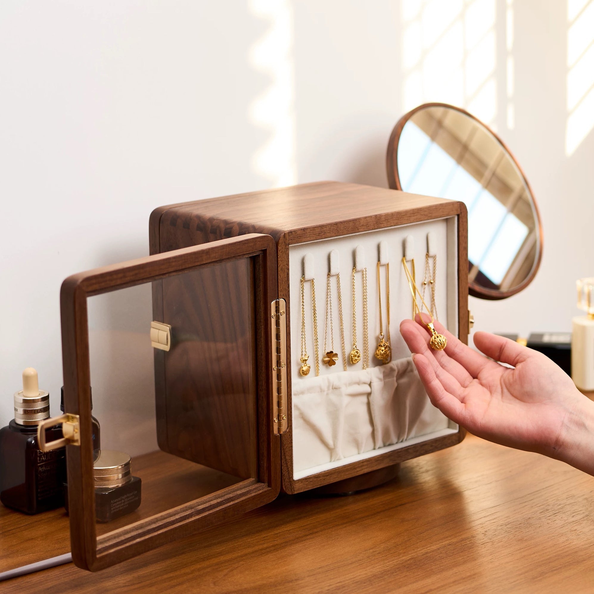 Glintia Black Walnut 360° Rotating Dual-Sided Jewelry Box
