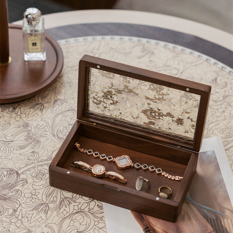 Suntrace Solid Walnut Jewelry Box with Art Laminated Tempered Glass