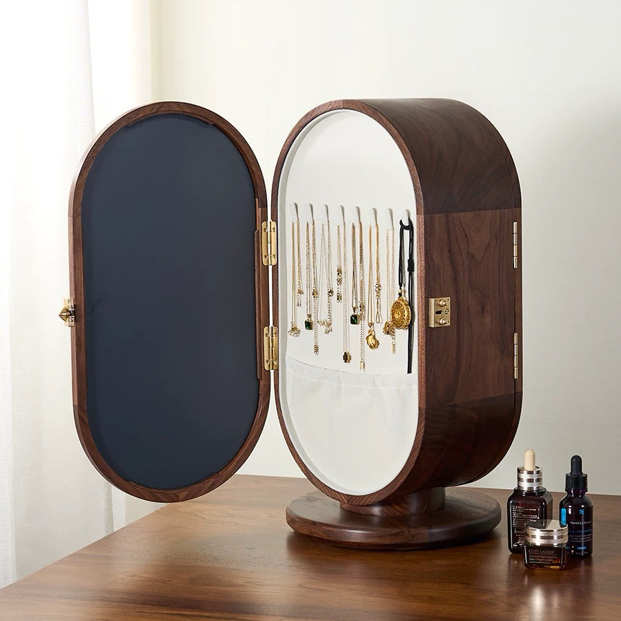 Solenne 360° Rotating Walnut Jewelry Cabinet with Vanity Mirror