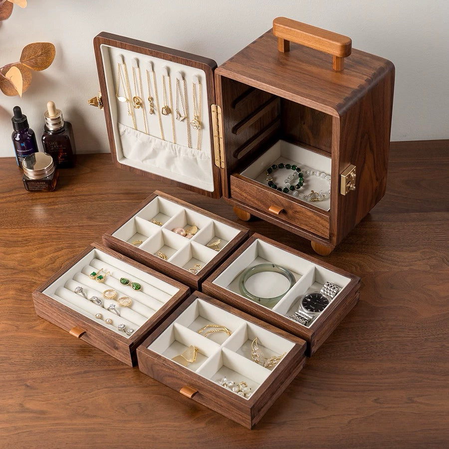 Suitcase Solid Wood Jewelry Box with 5 Drawers