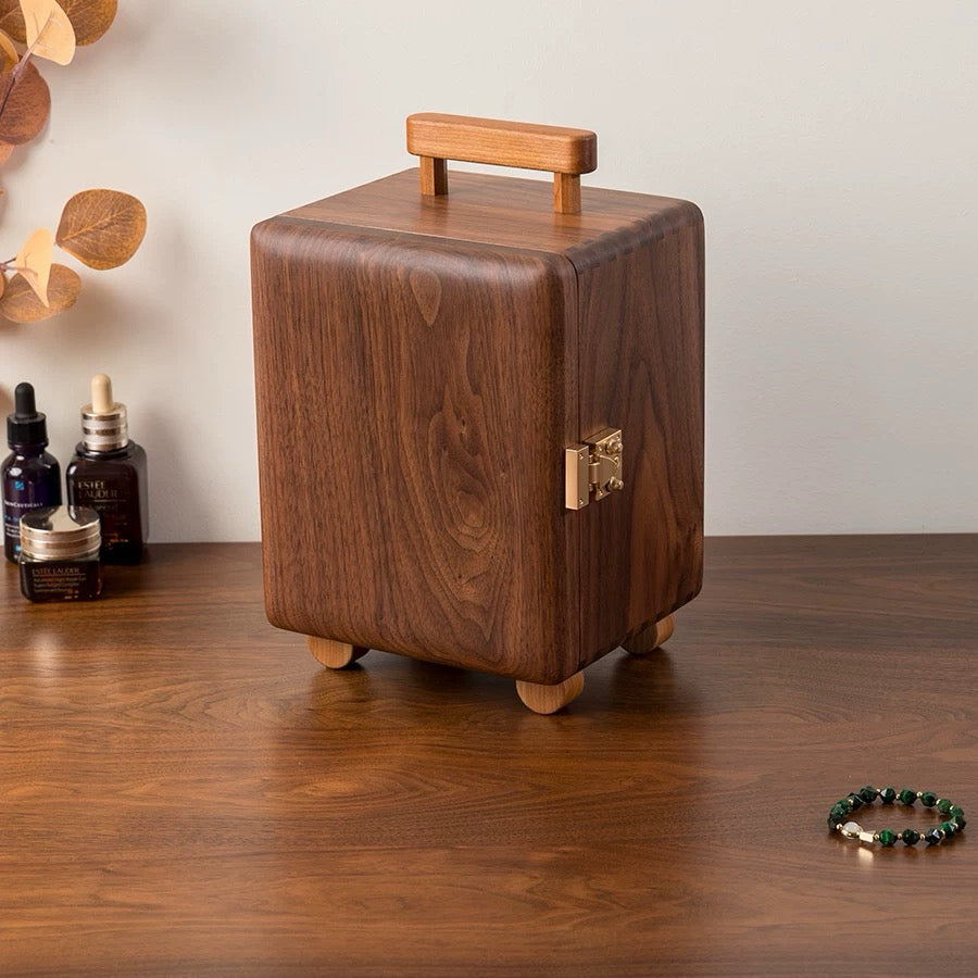 Suitcase Solid Wood Jewelry Box with 5 Drawers