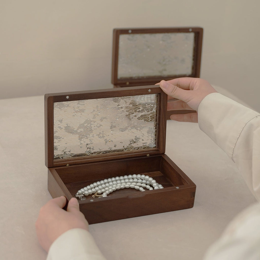 Suntrace Solid Walnut Jewelry Box with Art Laminated Tempered Glass