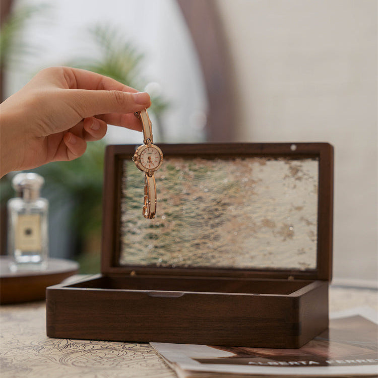 Suntrace Solid Walnut Jewelry Box with Art Laminated Tempered Glass