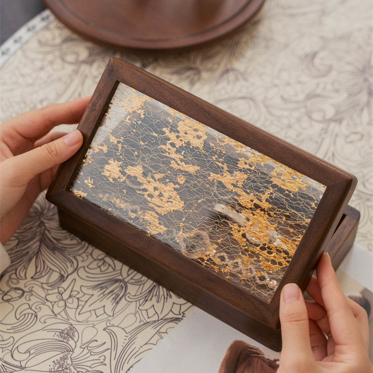 Suntrace Solid Walnut Jewelry Box with Art Laminated Tempered Glass