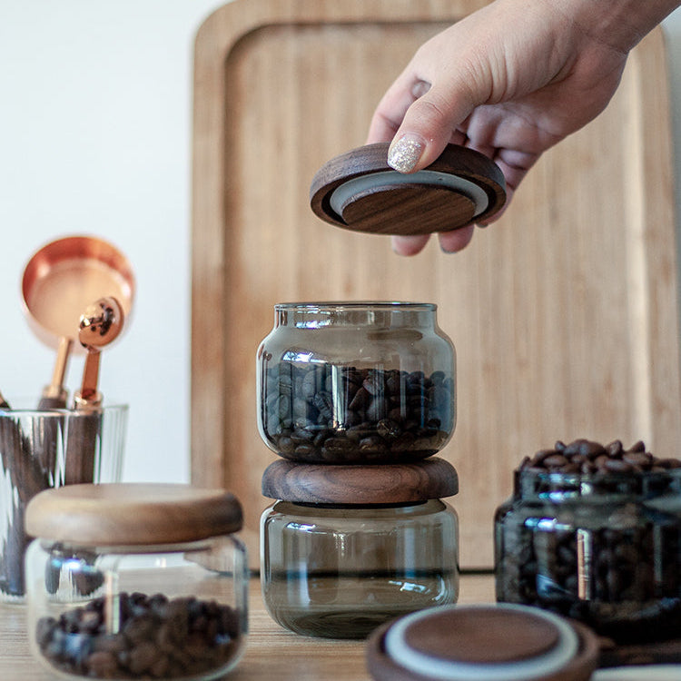 Beanery Coffee Bean Glass Canister with Black Walnut Lid