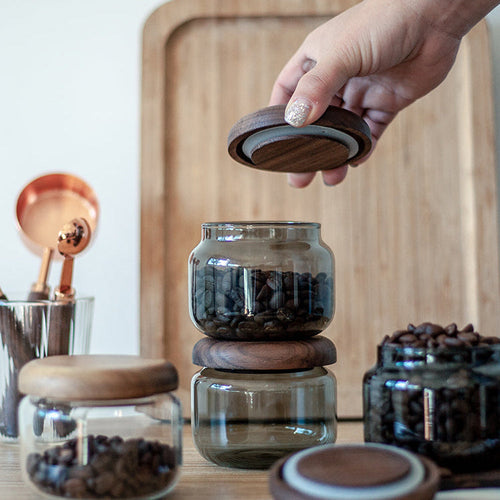 Beanery Coffee Bean Glass Canister with Black Walnut Lid