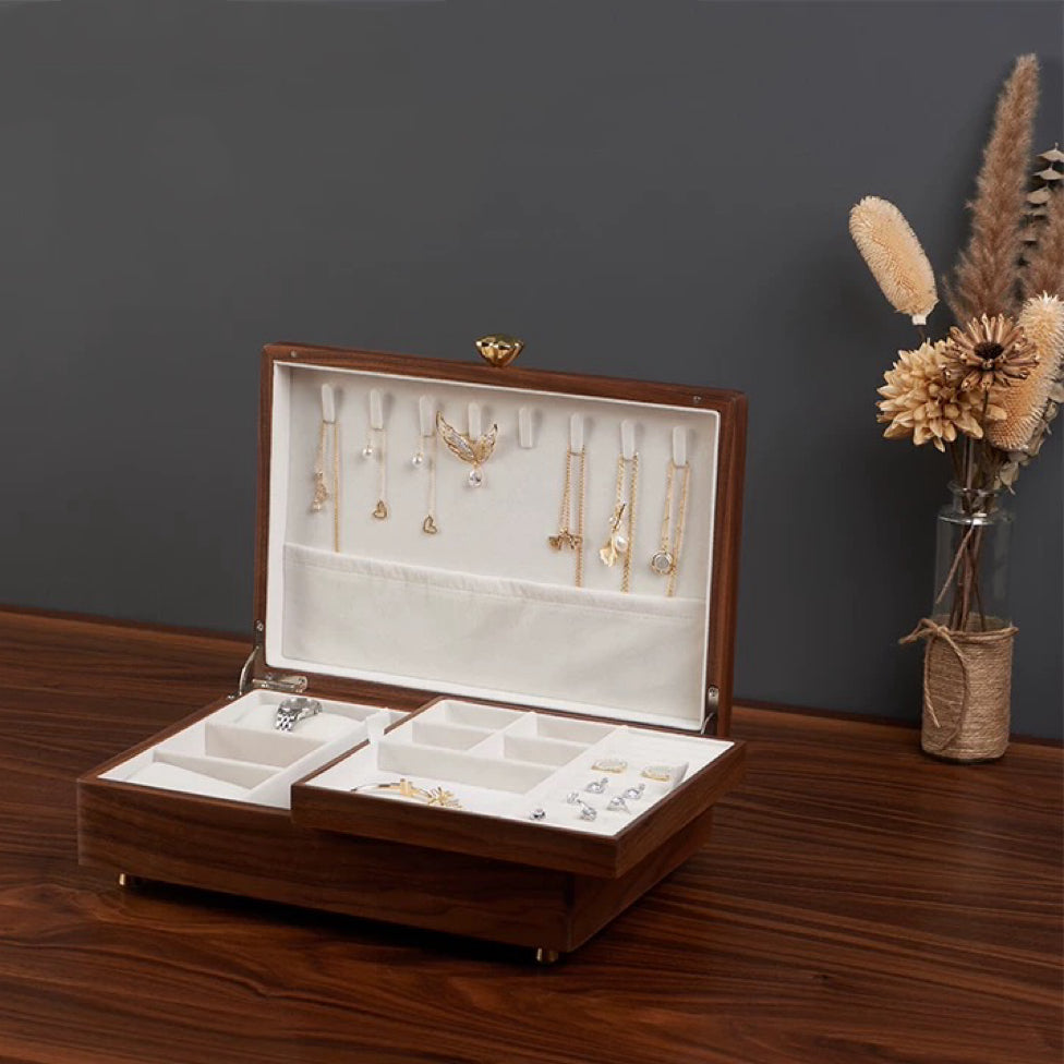Aurelin Solid Walnut Double-Layer Jewelry Box