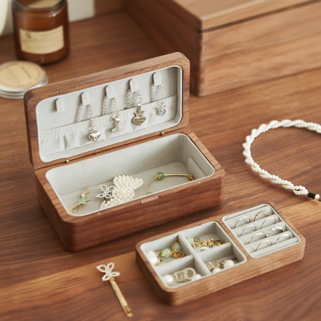 Lyra Walnut Velvet Double-Layer Jewelry Box