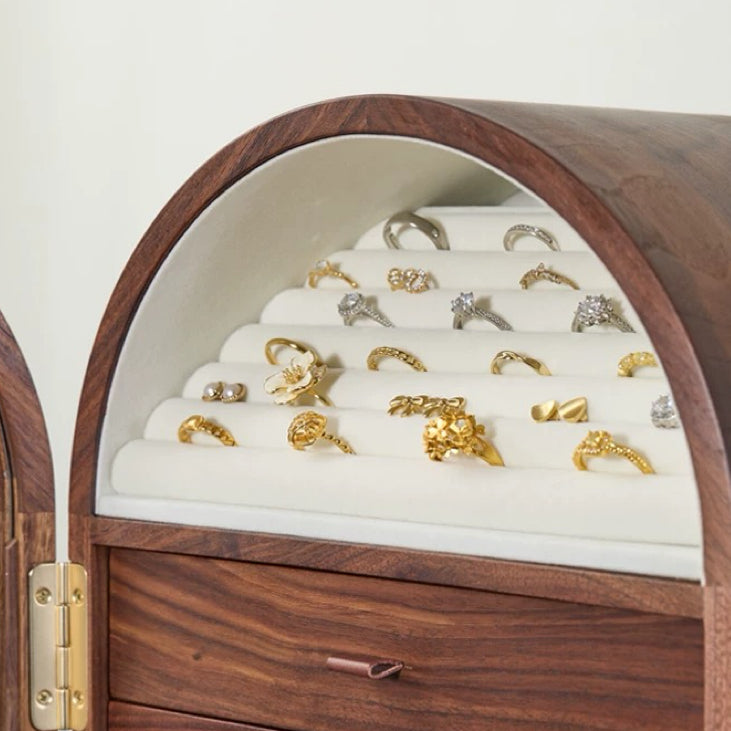 Solenne 360° Rotating Walnut Jewelry Cabinet with Vanity Mirror