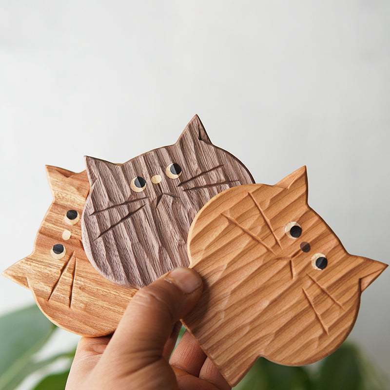 Moody Handcrafted Cat Solid Wood Coasters