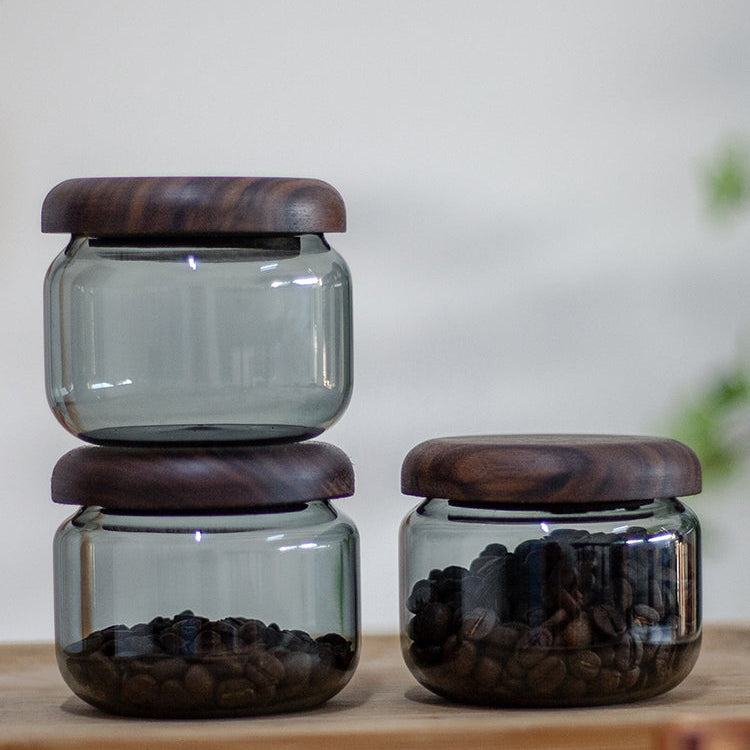 Beanery Coffee Bean Glass Canister with Black Walnut Lid