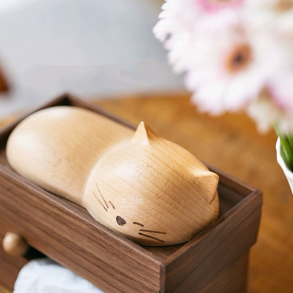 Sleepy Kitty Walnut Tissue Box