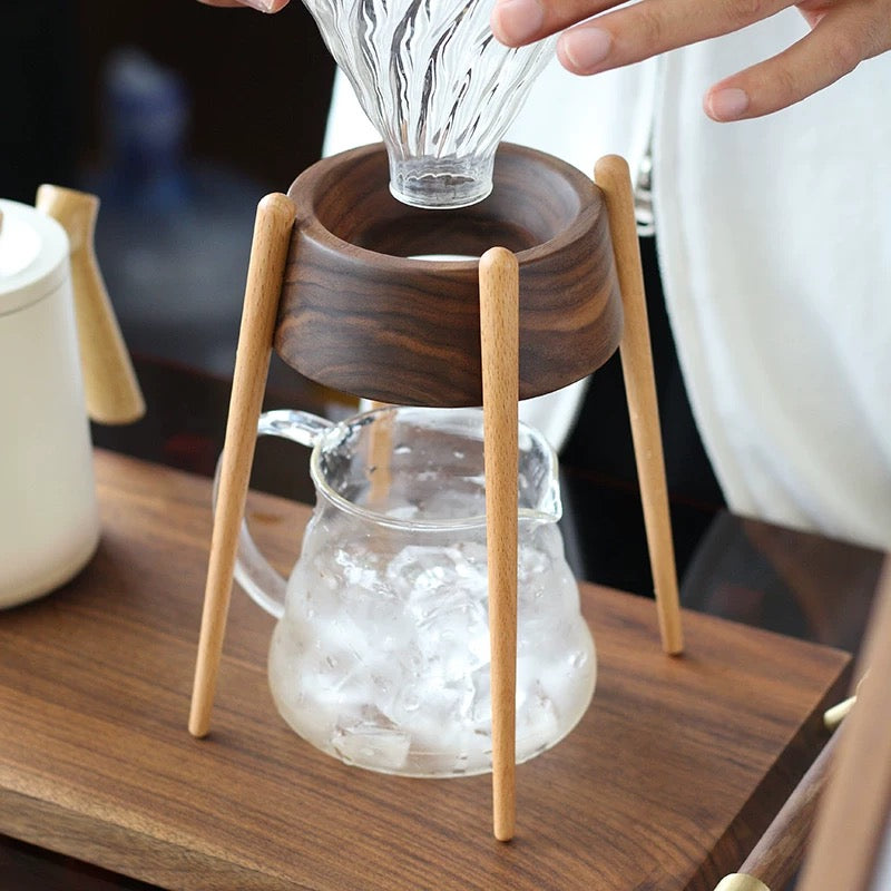 Mossi Walnut Wood Pour-Over Coffee Stand With a V60 Glass Dripper