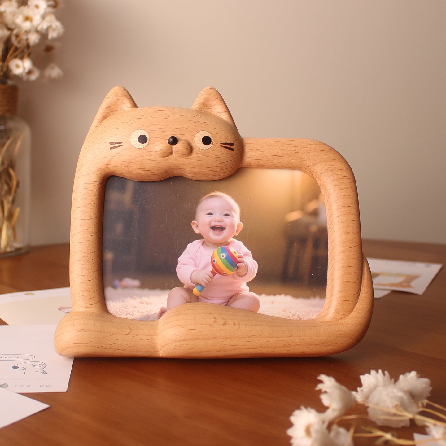 WhiskerPaws Wooden Cat Photo Frame