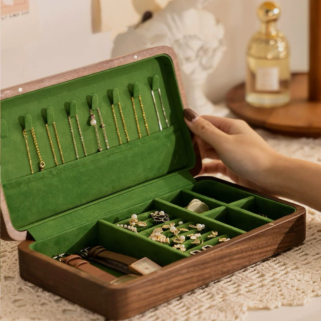 Emerald Minimalist Walnut Jewelry Box
