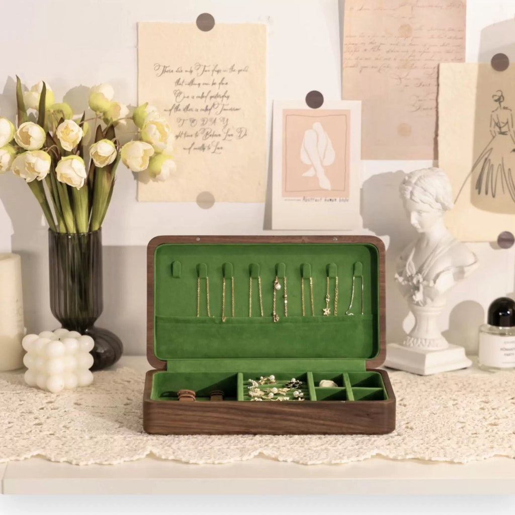 Emerald Minimalist Walnut Jewelry Box