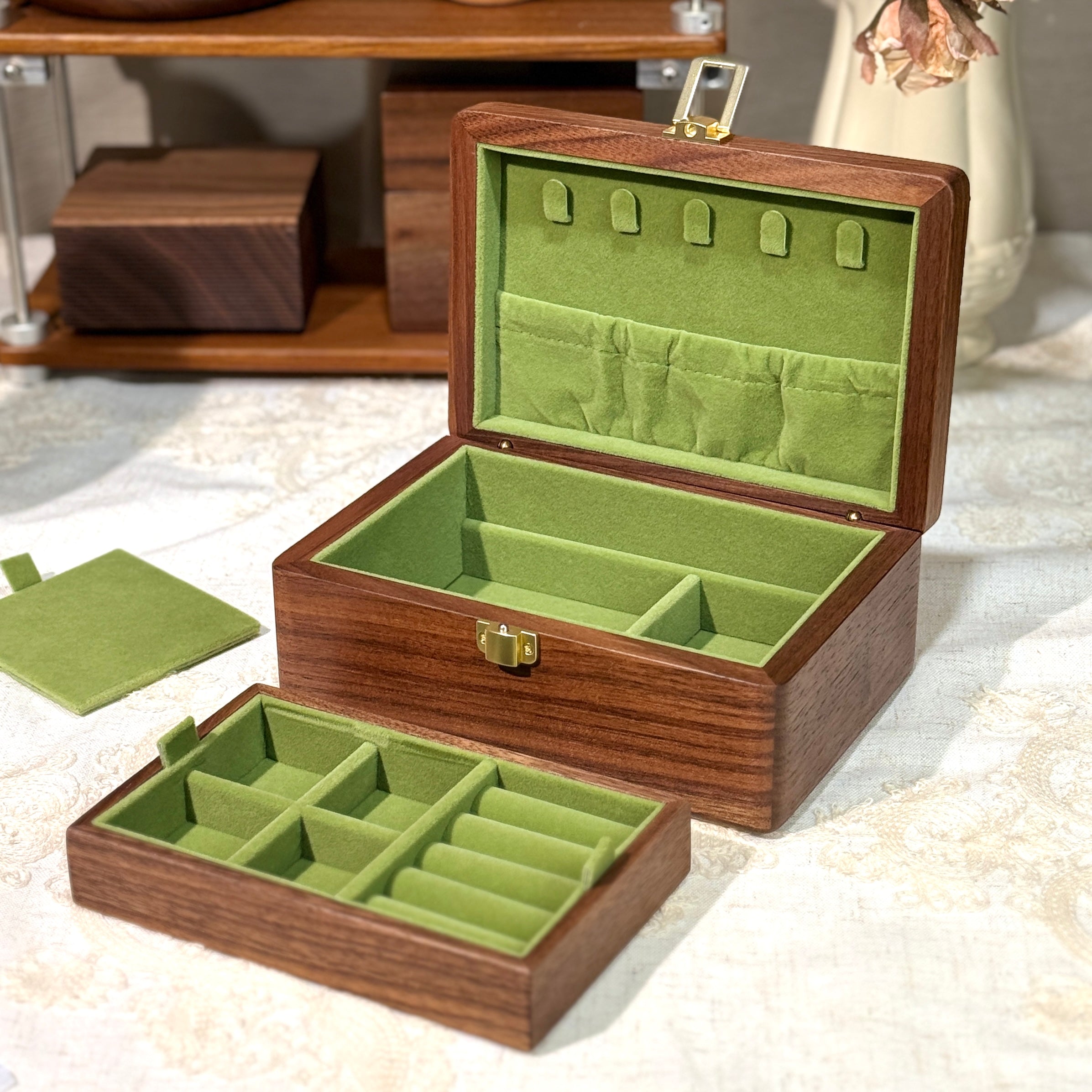 Velvet Walnut Minimalist Two-Layer Jewelry Box