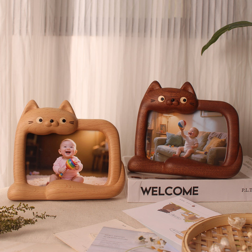 WhiskerPaws Wooden Cat Photo Frame